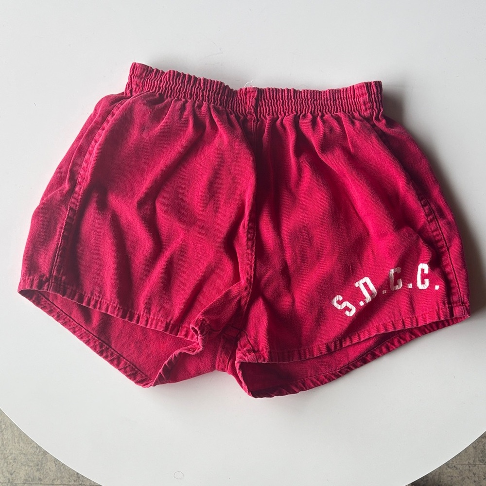 Women's Red running Shorts. Vintage 70s Cotton. Screen printed ‘S.D. C. C.’